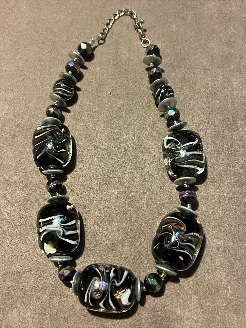 Venetian style glass Handcrafted Black Swirl Glass Bead Necklace